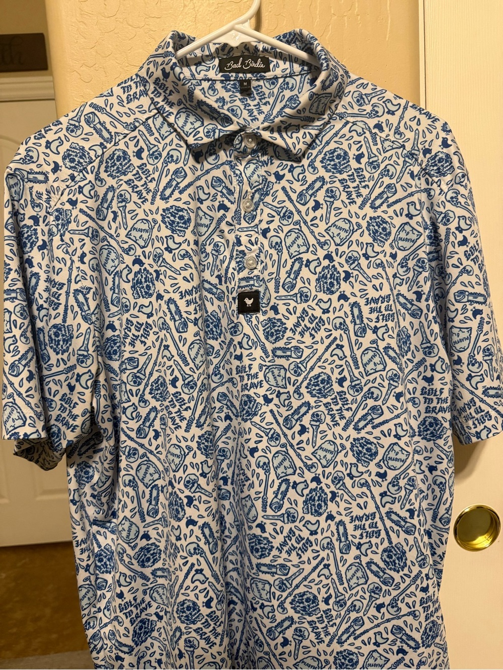 Bad Birdie White Polo with Blue Golf Print